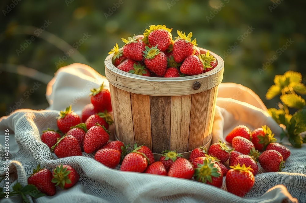 Rustic Wooden Bucket of Strawberries
