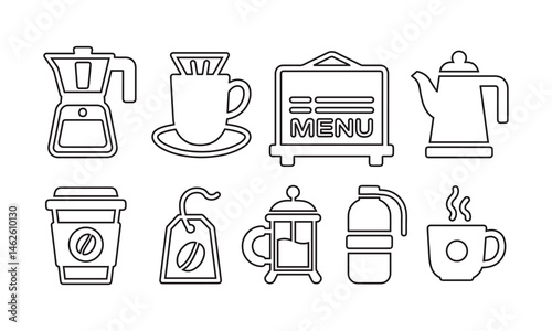Coffee and Hot Beverage Icons – Minimalist Black and White Kitchen Vector Set