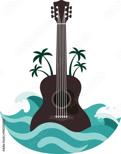 Acoustic guitar with ocean waves and palm trees tropical music theme vector illustration 