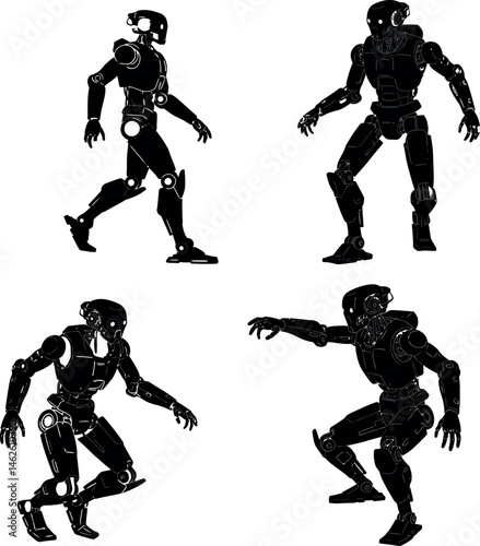 Humanoid robot vector silhouettes in dynamic walking and crouching poses black design 