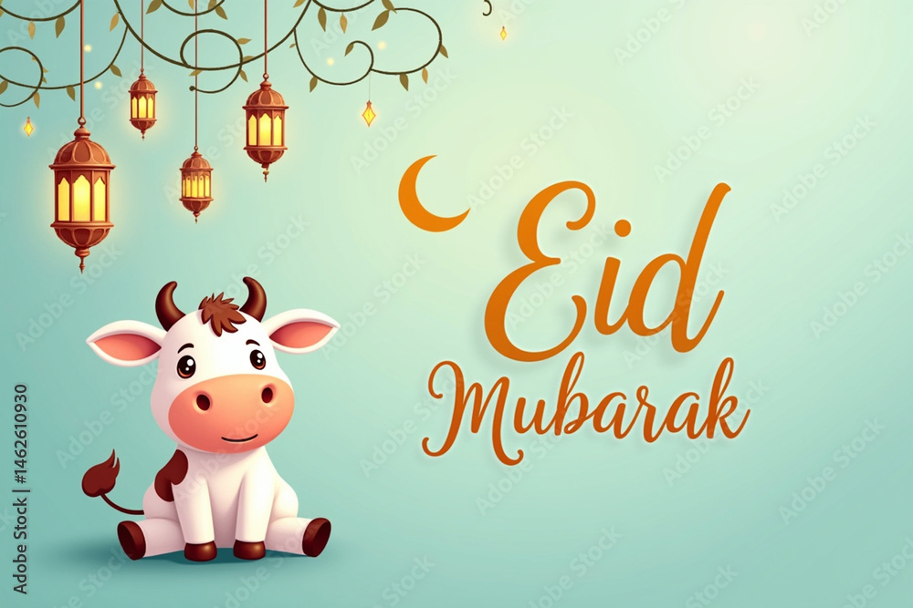 Naklejka premium Smiling Cow with Eid Mubarak Text – Islamic Festive Greeting Design