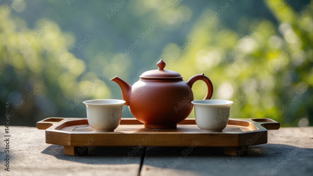 Fototapeta premium Outdoor classical tea ware amidst greenery
