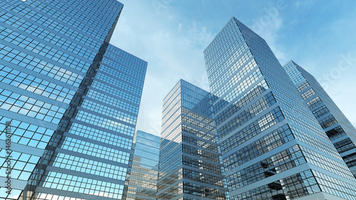 A uprisen angle view of group of skyscraper with white clouds and clear blue sky on background and reflecting on facade, represent feeling of urban, business, and technology. 3D illustration.
