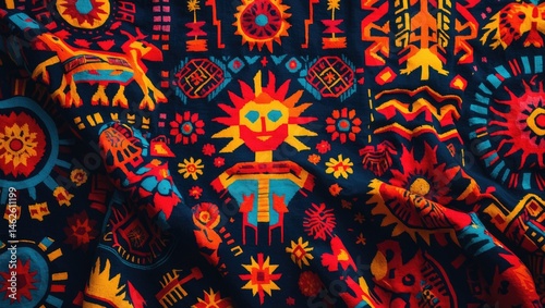 Colorful handcrafted blanket featuring Inca and Aztec patterns