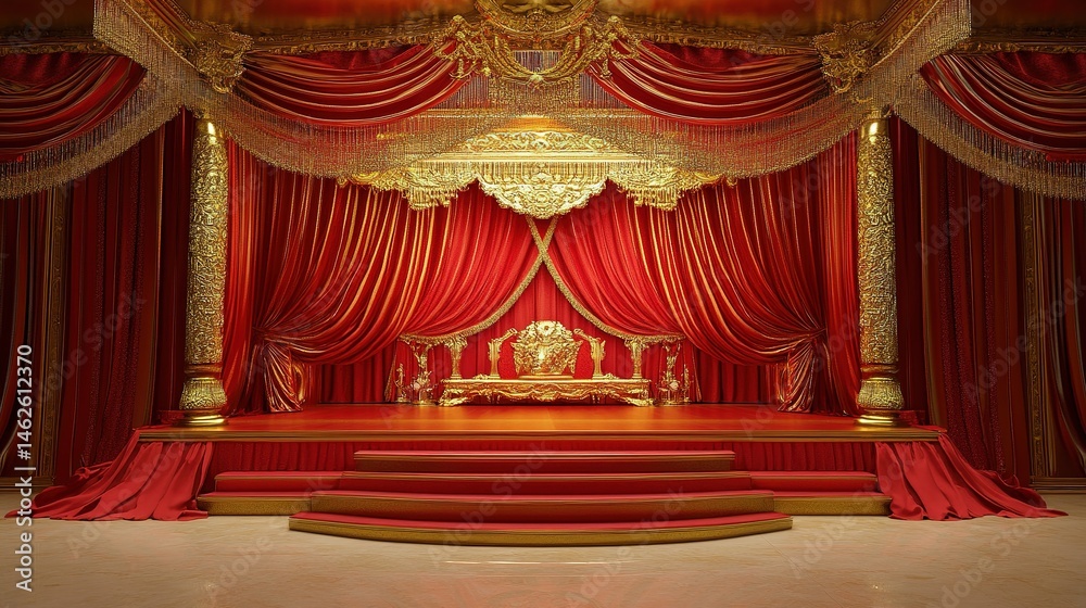 Fototapeta premium Golden and red stage curtains with a grand staircase.