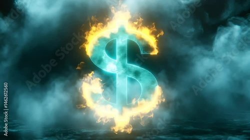 Glowing dollar sign burning in flames on dark background