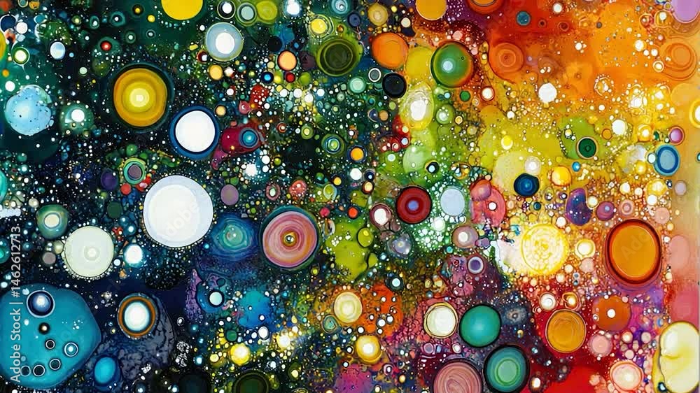 Colorful abstract painting with circles and dots.