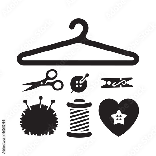 Sewing and Tailoring Icons – Minimalist Black and White Vector of Tools, Equipment, and Fashion Design Elements