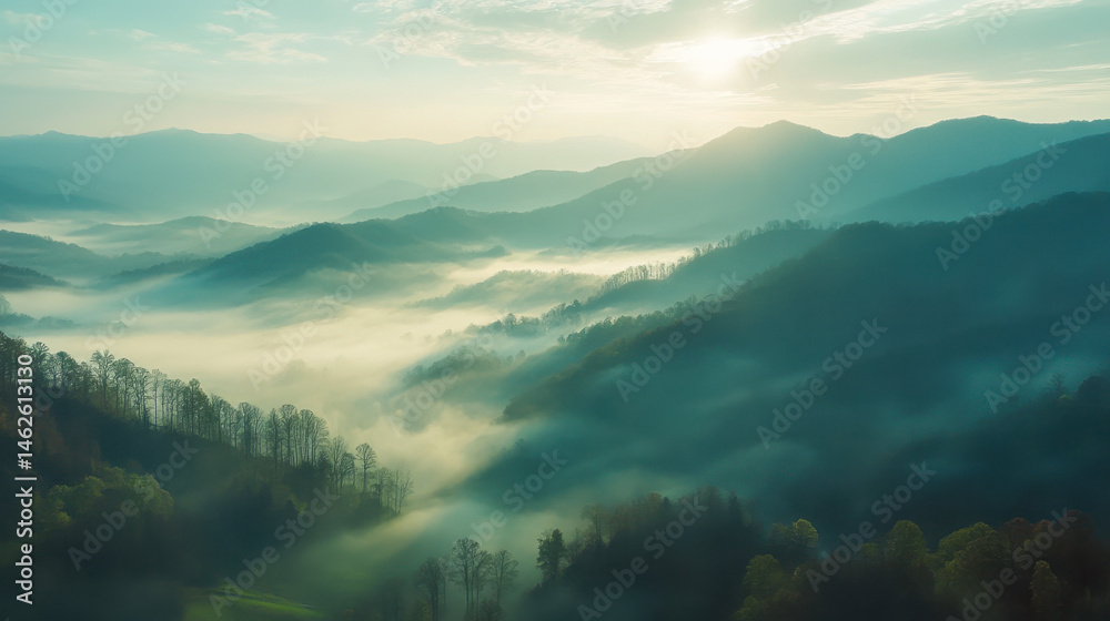 Obraz premium Morning mist envelops Great Smoky Mountains with sunlight breaking through fog over hills