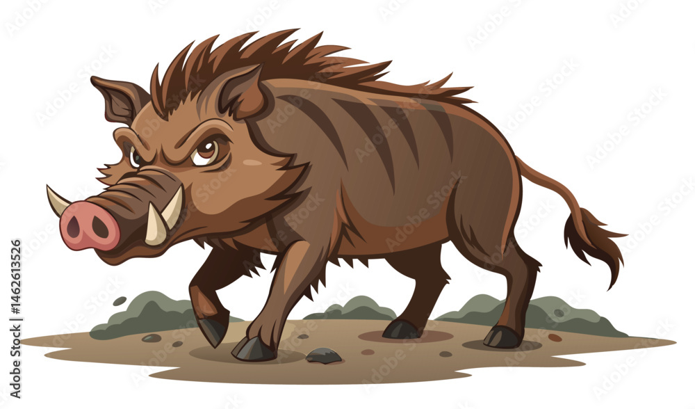 Fototapeta premium Wild Boar Digging with Curved Tusks in the Ground