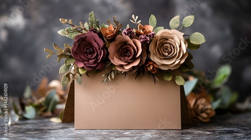 Elegant, floral arrangement atop a neutral invitation. photo