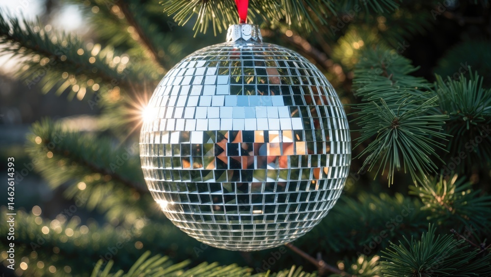 Obraz premium Christmas tree adorned with a shiny disco ball as a festive bauble