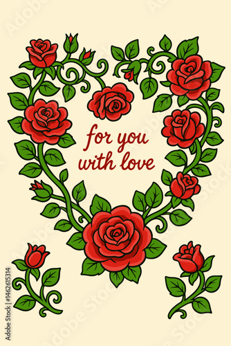 Wonderland card. Beautiful wreath of roses, leaves and bindweed. Frame with a place for text. vector illustration, greeting card , invitation, banner