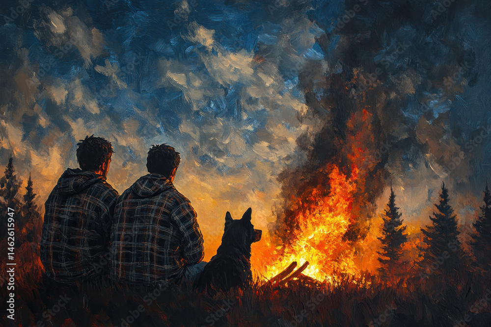 Fototapeta premium people sit by a crackling fire, silhouetted against the warm glow, their faces relaxed in conversation under a starry night sky.
