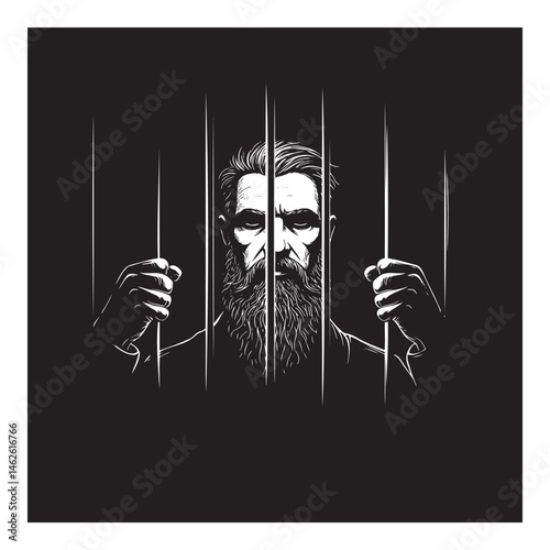 Man Behind Bars Expressing Despair in Black and White Illustration  