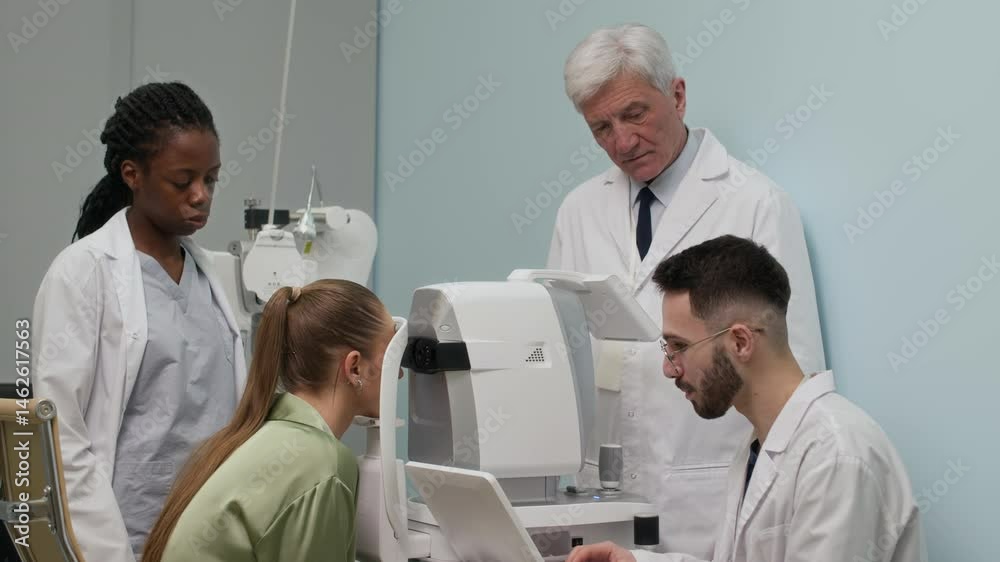 Diverse team of multigenerational eye specialists looking at screen of diagnostic ophthalmic machine measuring female patients refractive error during health checkup in ophthalmology clinic Diverse team of multigenerational eye specialists looking at screen of diagnostic ophthalmic machine measuring female patients refractive error during health checkup in ophthalmology clinic