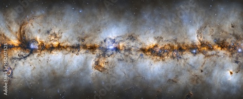Vast expanse of the Milky Way galaxy, detailed view of star-forming nebulae and cosmic dust clouds