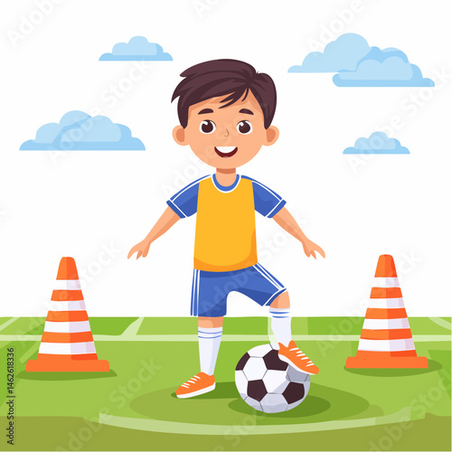 Minimal flat vector of boy kicking soccer ball during practice – children sports cartoon on white background