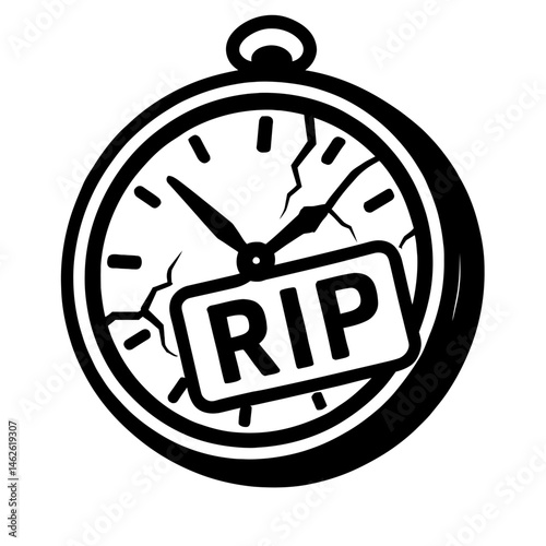Cracked Pocket Watch or Clock with 'RIP' Tag Illustration - Time's End