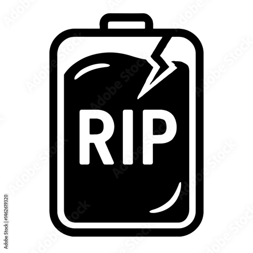 Cracked Battery Icon with 'RIP' Text Illustration - Powerless