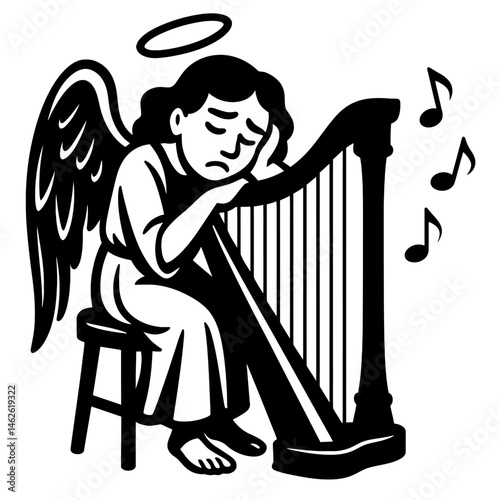 Sad Angel with Harp Illustration - Mourning or Melancholy