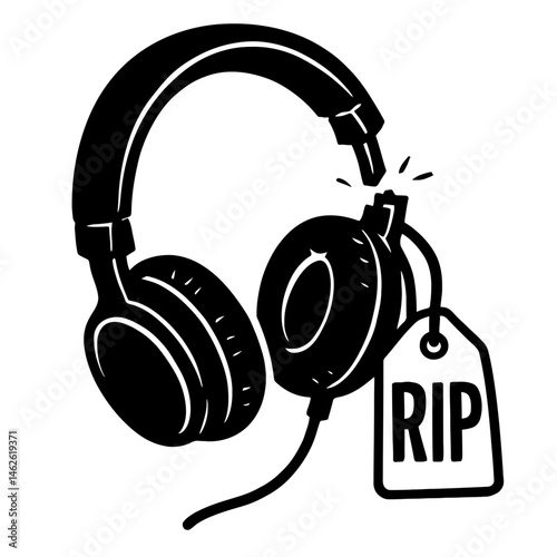 Broken Headphones with 'RIP' Tag Illustration - Music's End