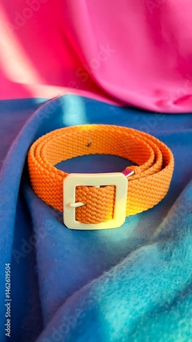 Textured Orange Belt with White Buckle on Blue Wool Fabric – Fashion Accessory Flat Lay Photo