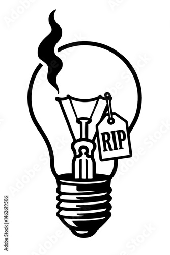 Burnt Out Light Bulb with 'RIP' Tag Illustration - Object's Demise