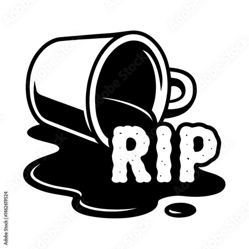 Tipped Mug with Spilled Liquid Forming 'RIP' Illustration - Drink's Demise