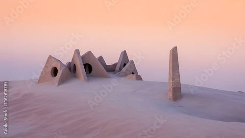 Minimalist Stone Structures on Pale Pink Desert Plateau at Sunset – Fine Art Landscape Photo