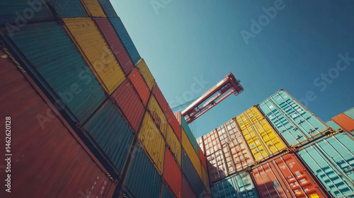Cargo ship unloads containers at busy port under clear deep blue sky