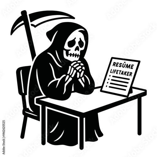Grim Reaper Reviewing 'Resume Lifetaker' Illustration - Dark Humor