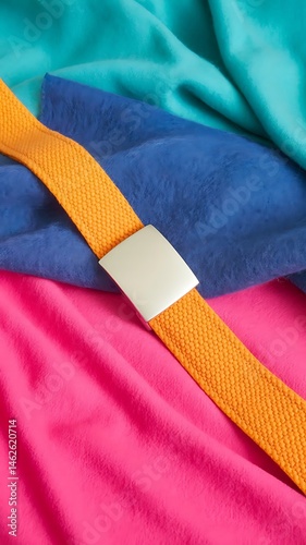 Textured Orange Belt with White Buckle on Blue Wool Fabric – Fashion Accessory Flat Lay Photo