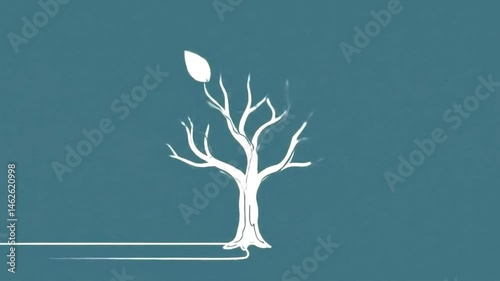 A Tree of Hope: A single leaf clinging to a bare tree branch against a cool teal background, symbolizing resilience, growth, and the promise of new beginnings.  