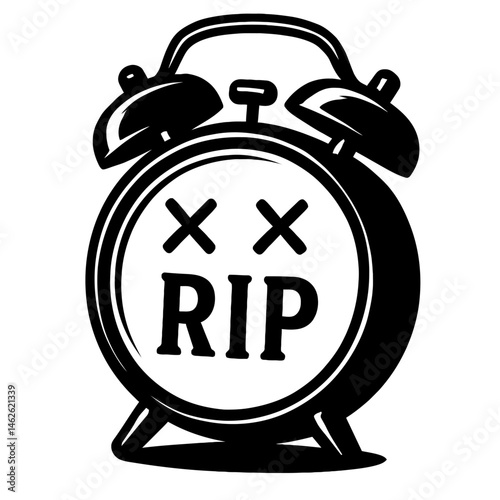 Alarm Clock Illustration with 'RIP' Text - Black and White for Farewell, End of Life, or Graphic Themes