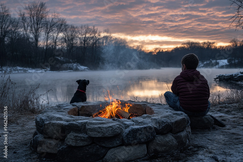 Man and dog by fire pit on a winter morning.