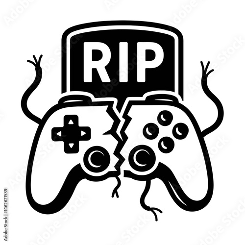 Game Over, Permanently: An Illustration of a Broken Video Game Controller Before an "RIP" Tombstone, With Roots Emerging, Representing Damage to Gaming Equipment, A Failed Attempt, Or The Finality of 