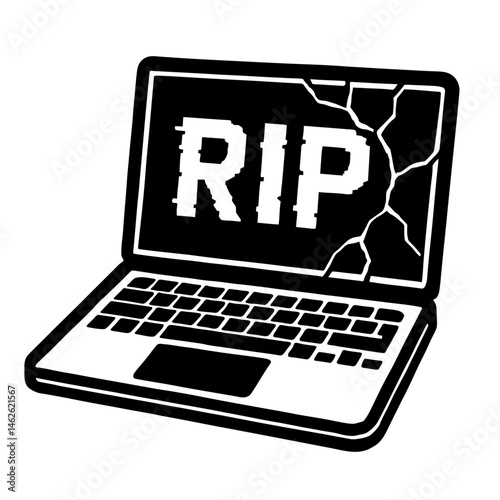 RIP System: An Illustration of an Open Laptop With a Cracked Screen Displaying Glitched "RIP" Text, Symbolizing System Failure, Data Loss, Or The End of Its Digital Life and Functionality