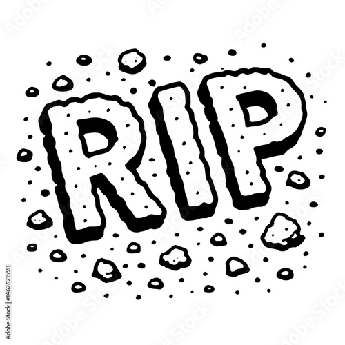 Rest In Crumbles: An Illustration of the Letters "RIP" Made of a Crumbly Texture With Scattered Pieces, Representing Disintegration, Decay, Or The Fleeting Nature of Existence and Remembrance