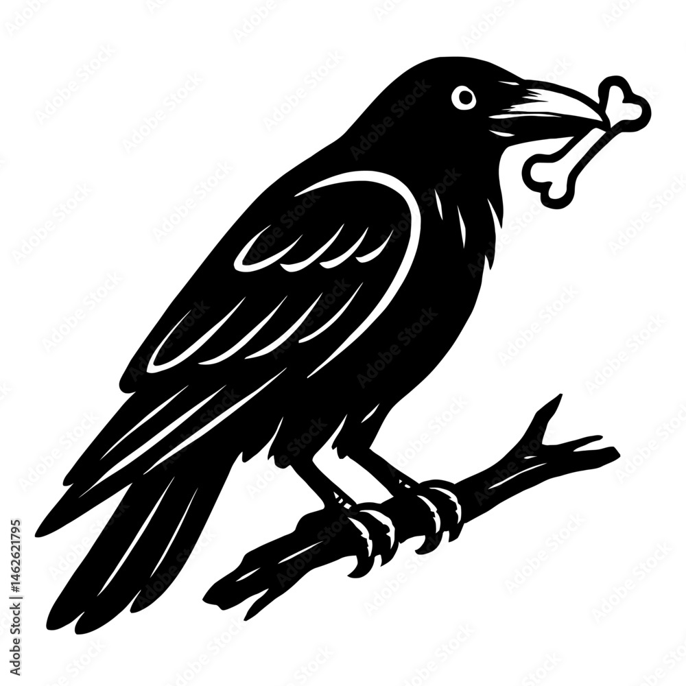 Obraz premium The Harbinger's Keepsake: An Illustration of a Crow or Raven Perched on a Branch, Holding a Bone in its Beak, Evoking Themes of Death, Carrion, Omens, or The Cycle of Life and Death in Nature