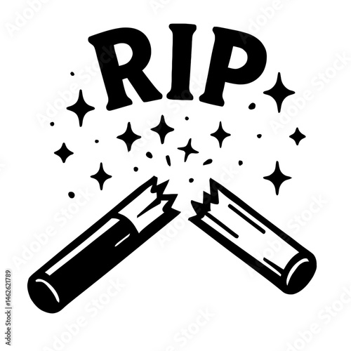 The Final Break: An Illustration of a Billiard Cue Stick Snapped in Half, With "RIP" and Sparkles Above, Symbolizing a Failed Shot, A Lost Game, Broken Equipment, or The End of a Match