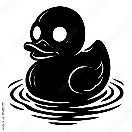 The Unsettling Bath Toy: An Illustration of a Black Rubber Duck Floating on Water Ripples, Featuring Large, Eerie White Eyes That Give it a Creepy Appearance, Contrasting Innocence With a Spooky Vibe
