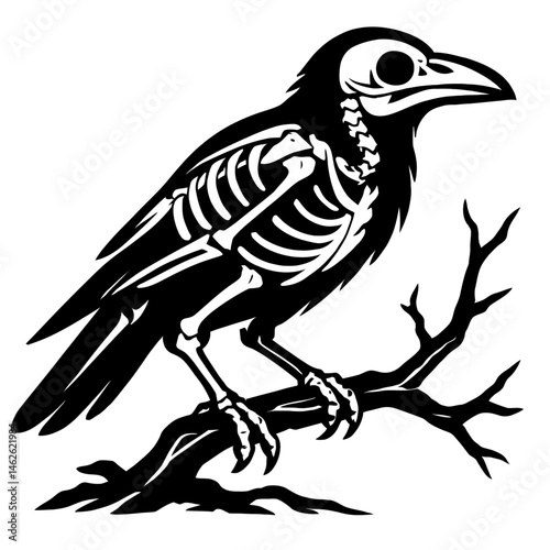 The Omen of Mortality: An Illustration Depicting the Skeleton of a Bird (Crow or Raven) Perched on a Bare Tree Branch, Evoking Themes of Death, Omens, or the Haunting Presence of a Deceased Creature