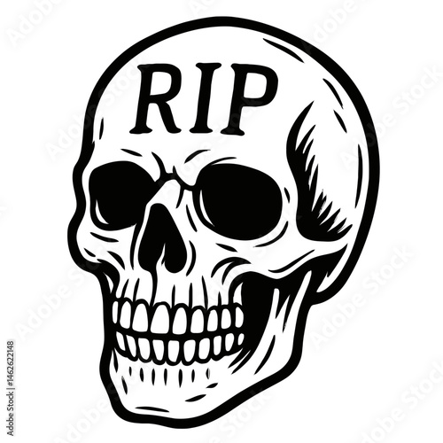 The Mark of Mortality: An Illustration of a Human Skull With the Letters "RIP" Carved Into Its Forehead, Serving as a Potent Symbol of Death, The Afterlife, and the Concept of Resting In Peace