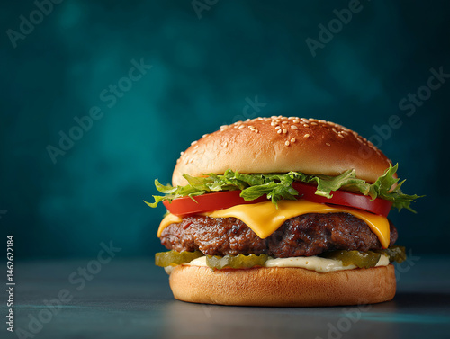 A photo of an All-American cheeseburger, isolated and laid on a smooth surface against a flat dark teal limbo background. The burger features soft sesame brioche top bun, shredded lettuce, fresh tomat