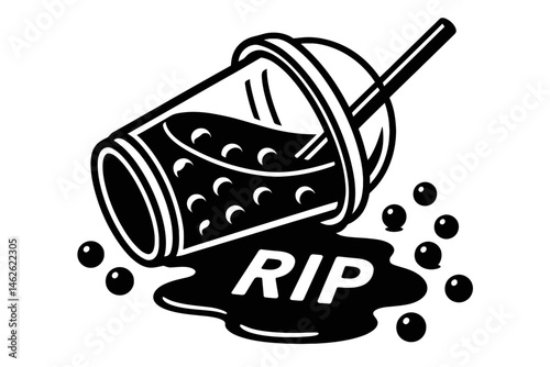 Rest In Pearls: An Illustration of an Overturned Bubble Tea Cup With Spilled Drink and Boba Forming the Letters "RIP," Symbolizing a Spilled Beverage Disaster or the Sad End of a Treat