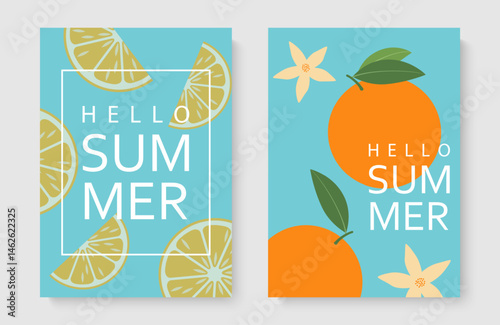 Colorful fruit background. Minimalist poster with orange and slices on color background. Summer and spring bright design of menu and drinks, promotion, advertising, wallpaper.