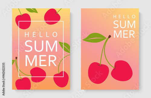 Colorful fruit background, vector set of cards. Minimalist poster with cherries and sour cherries. Summer and spring bright design of menu and drinks, promotion, advertising, wallpaper.