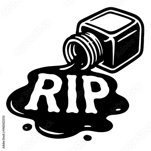 Rest In Ink: An Illustration of an Overturned Ink Bottle With Spilled Black Ink Forming the Letters "RIP," Symbolizing the End of a Writing Project, Writer's Block, or a Messy Conclusion