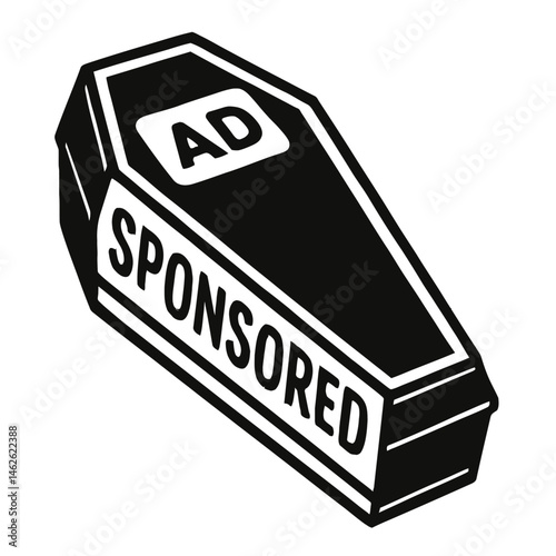 Rest In Sponsored Peace: A Satirical Illustration of a Coffin Marked With "AD" and "SPONSORED," Commenting on Commercialism and Advertising's Reach, Even in Death and Burial